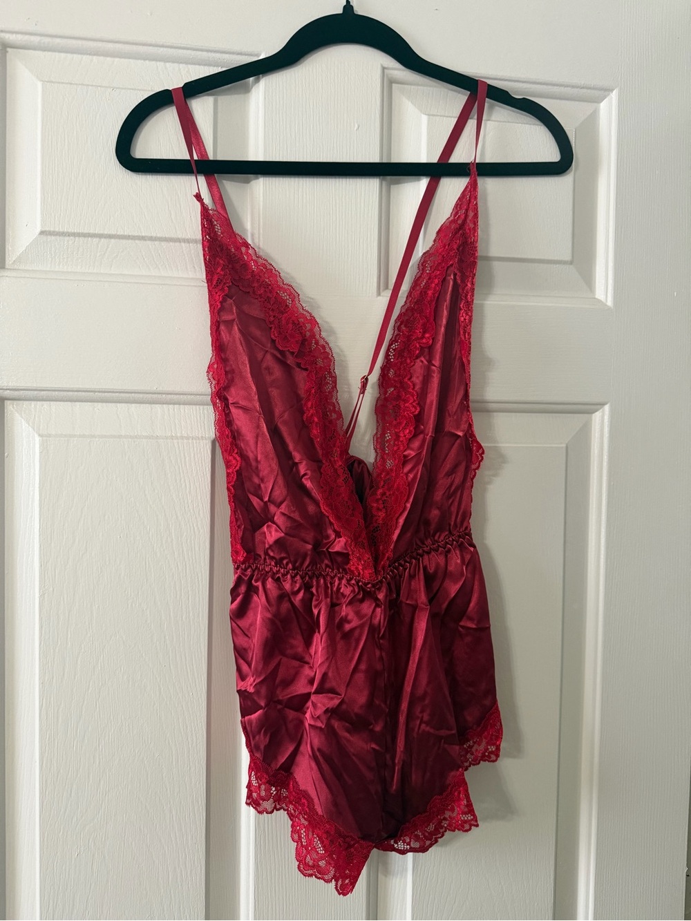 Burgundy Satin Lace Teddy Bodysuit Strappy Lingerie